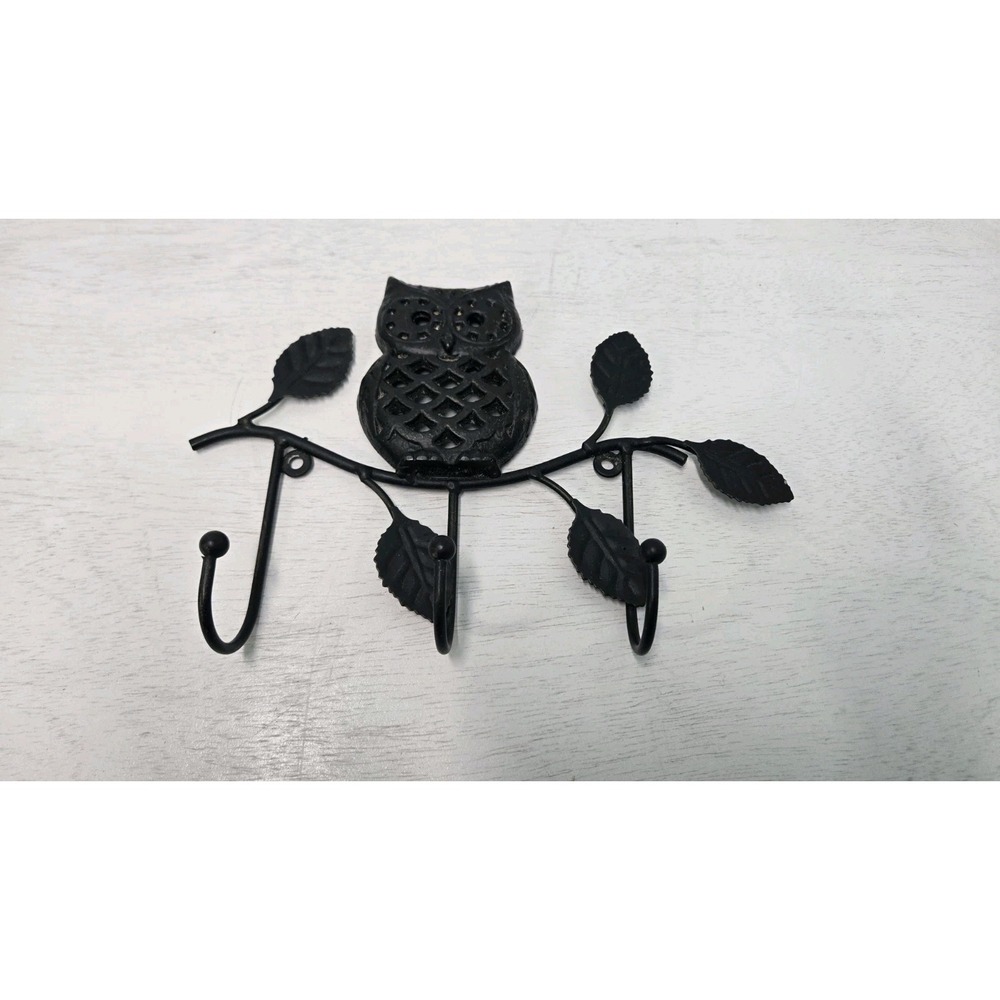 Metal Owl Wall Hook with 3 Hangers Wrought Iron Owl on Branch with Leaves